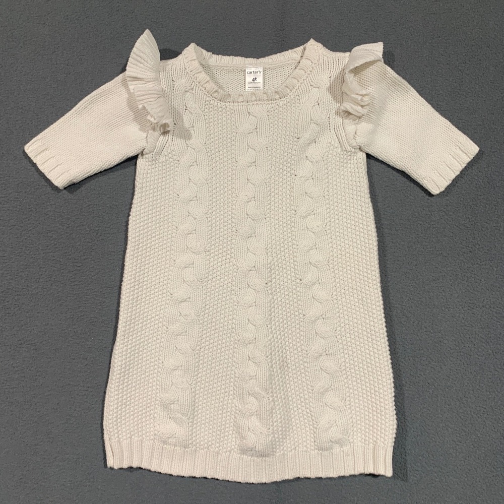 Carters Girl's White Cable Knit Ruffle Sweater Dress Short Sleeve‎ Size 4T